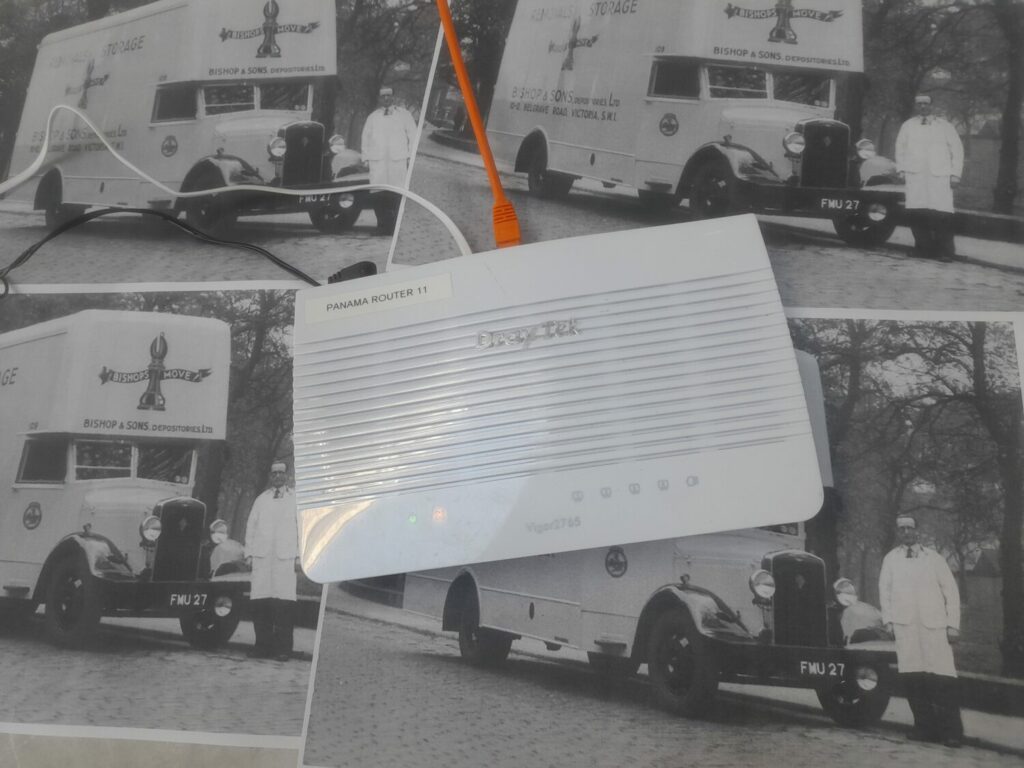 Photo of Draytek router and retro moving vans.